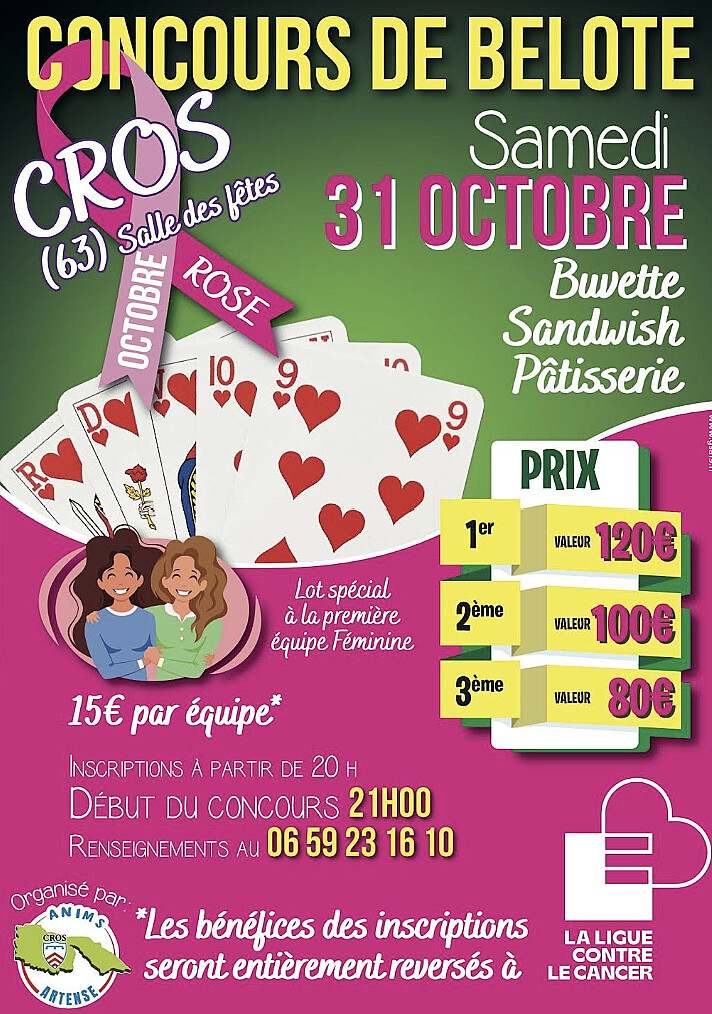 Samedi 30 Octobre : Concours de belote solidaire au profit de la campagne Octobre Rose 