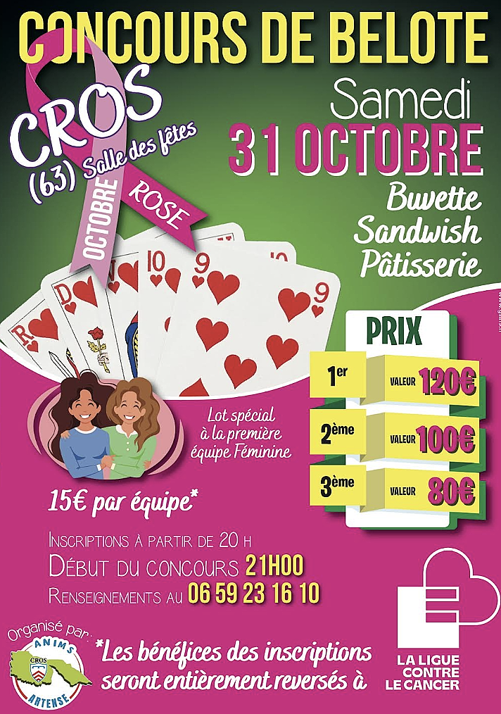Samedi 30 Octobre : Concours de belote solidaire au profit de la campagne Octobre Rose 